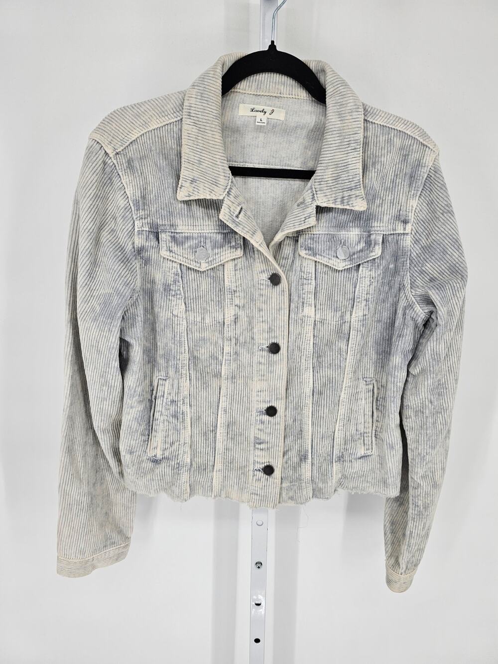 Lovely J Womens Sz L Button Up Trucker Style Corduroy Jacket Gray Raw Hem Boxy